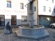 Fountain near Metzgerei Hans Spies gasthaus (butcher shop hans spies inn) in Sulzbach-Rosenberg, Germany.