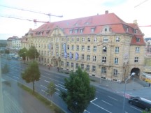 Looking at Post Office out the window of Ted's H2 hotel room in Leipzig, Germany.
